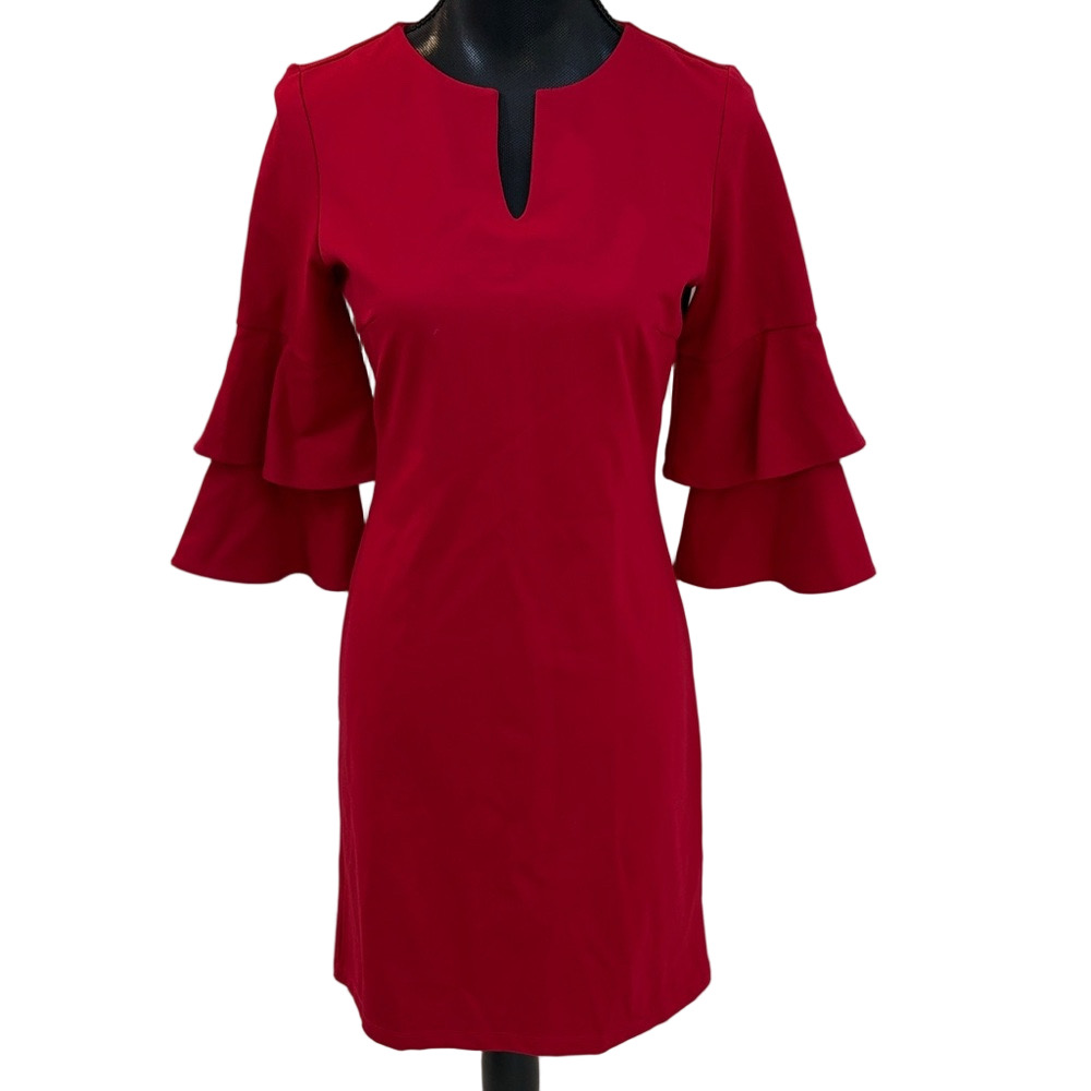 J. McLaughlin Berry Red Long Sleeve Dress with Ruffle Detail Women XS